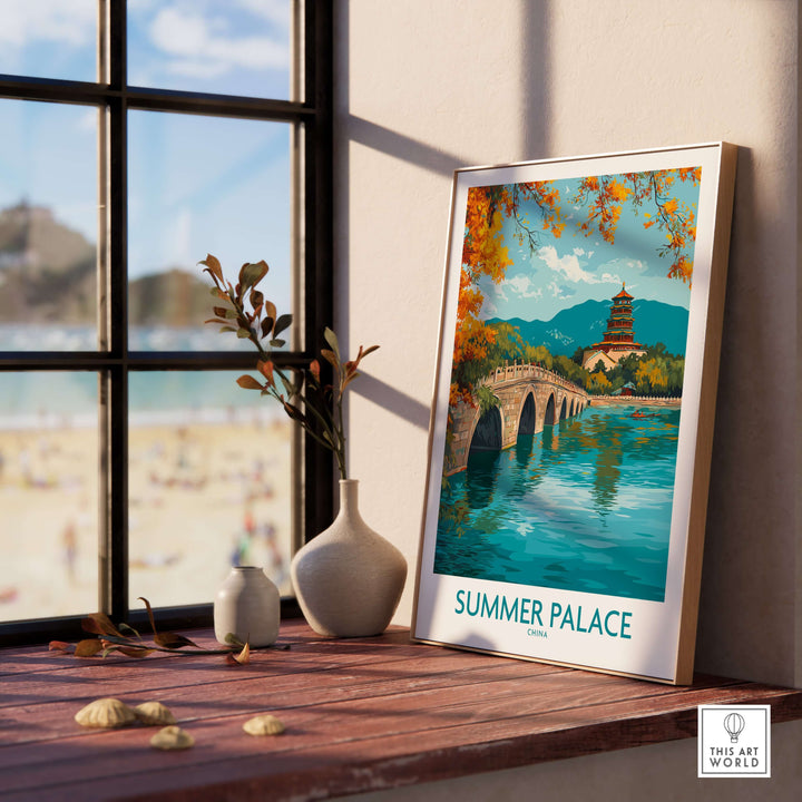 Summer Palace China autumn foliage poster featuring a tranquil lake and vibrant scenery, perfect for wall art decor.
