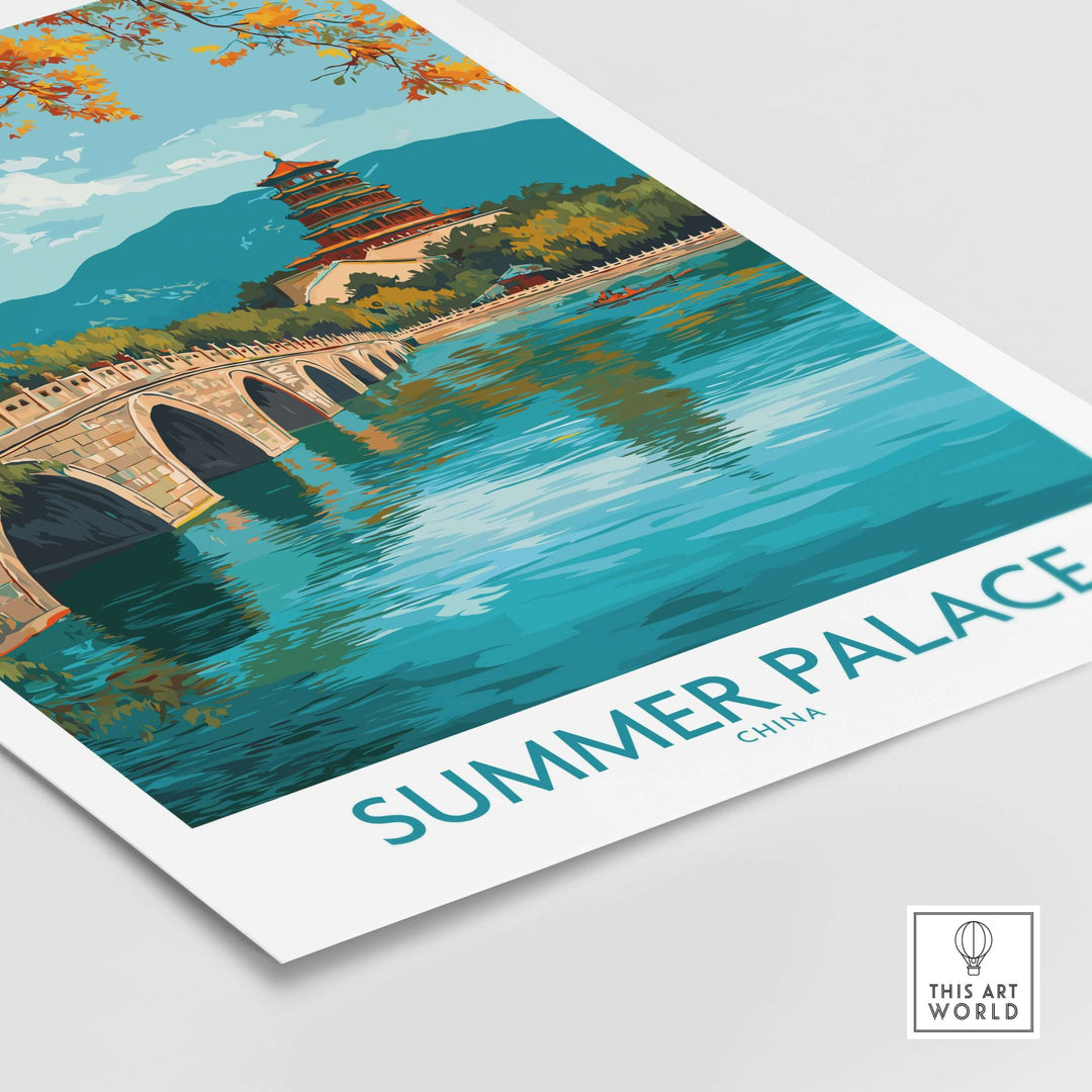 Summer Palace China autumn foliage poster showcasing vibrant colors and scenic lake view in Beijing.