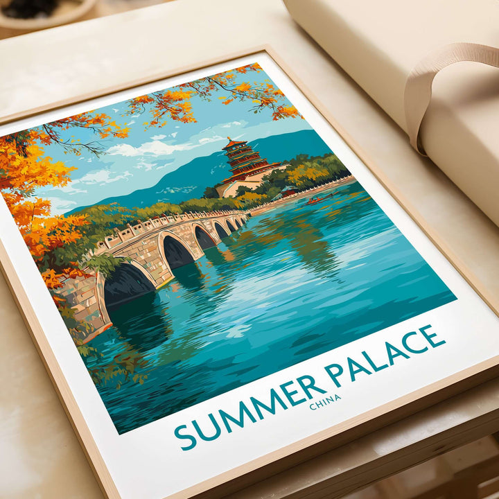 Summer Palace China autumn foliage poster depicting vibrant colors and tranquil lake scenery in Beijing.