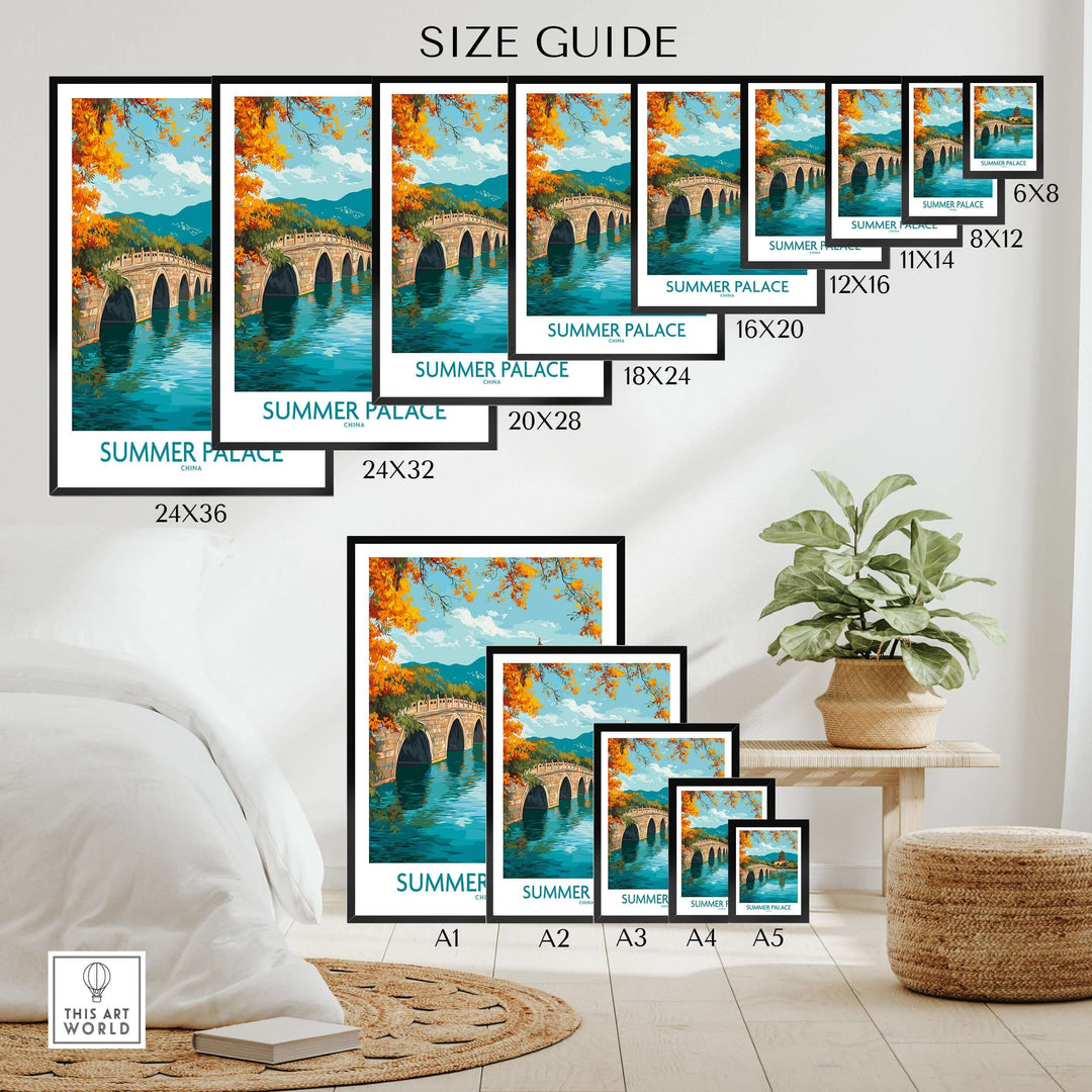 Size guide for Summer Palace China autumn foliage poster showcasing available sizes for wall art options.