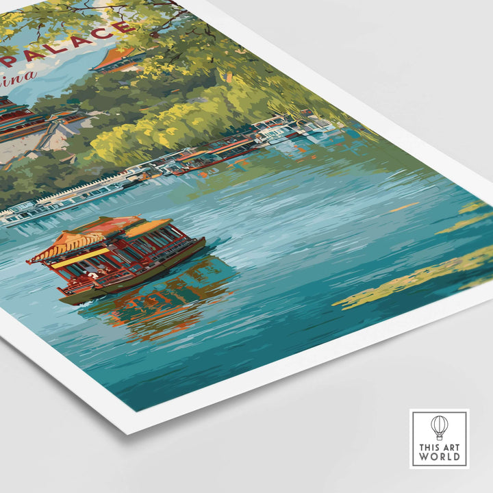 Summer Palace art poster featuring a traditional boat on a serene lake in Beijing, capturing the majestic retreat landscape.