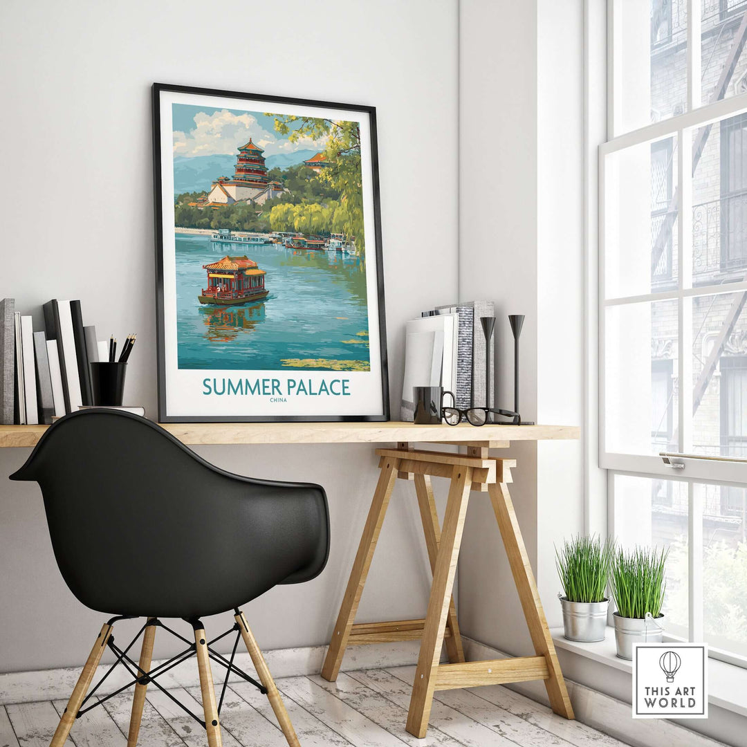 Summer Palace wall art print showcasing ancient Chinese architecture by serene water in a modern workspace.
