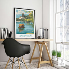 Summer Palace China Elegant Waterway Print - Ancient Chinese Architecture Wall Art displayed in a modern interior setting.