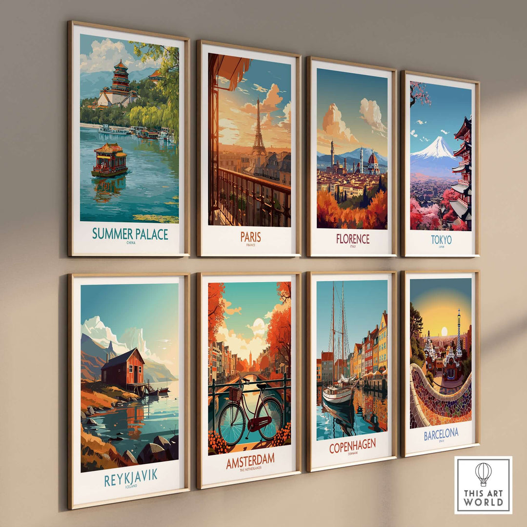 Collection of travel-themed wall art prints featuring iconic landmarks like Summer Palace and Eiffel Tower.