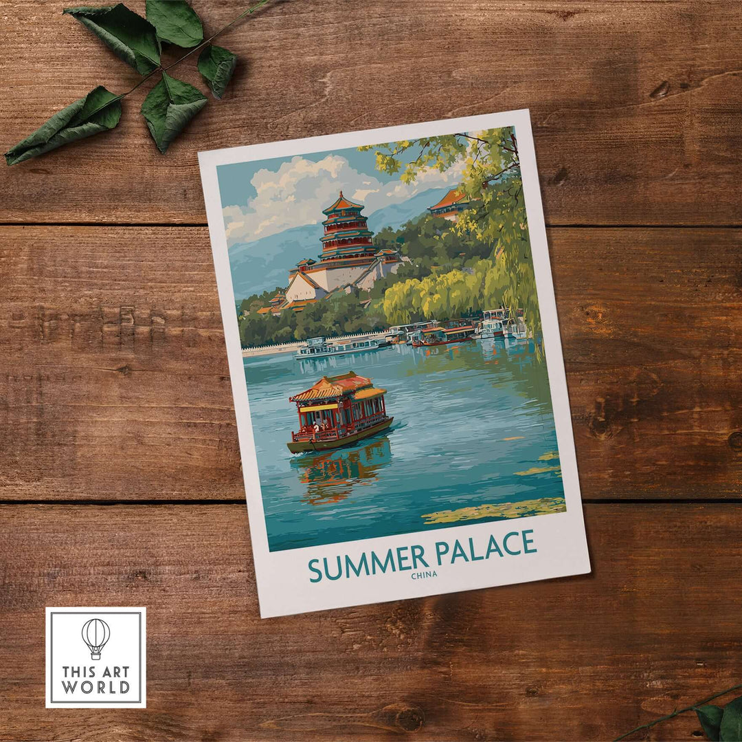 Vintage Summer Palace art print showcasing ancient Chinese architecture and serene water reflections.