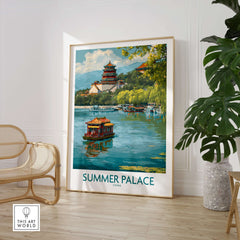 Summer Palace China Elegant Waterway Print - Ancient Chinese Architecture Wall Art displayed in a modern interior.