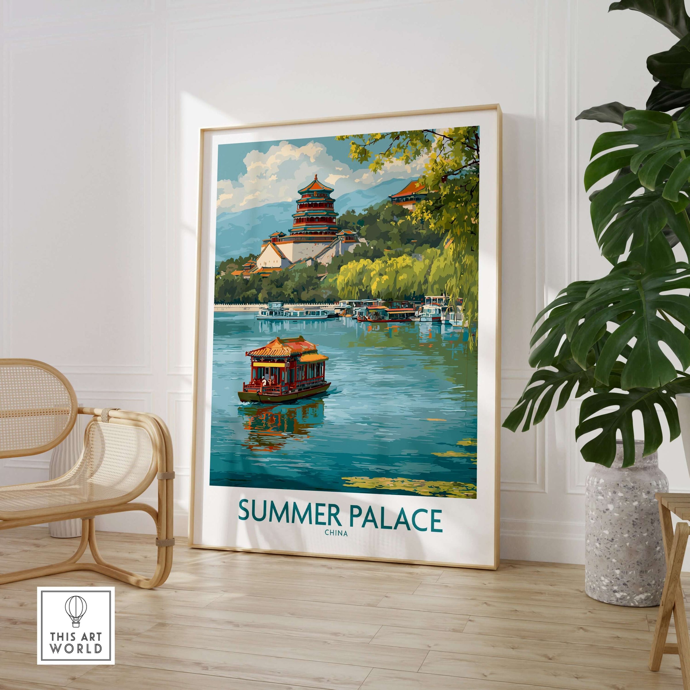 Summer Palace China Elegant Waterway Print - Ancient Chinese Architecture Wall Art displayed in a modern interior.