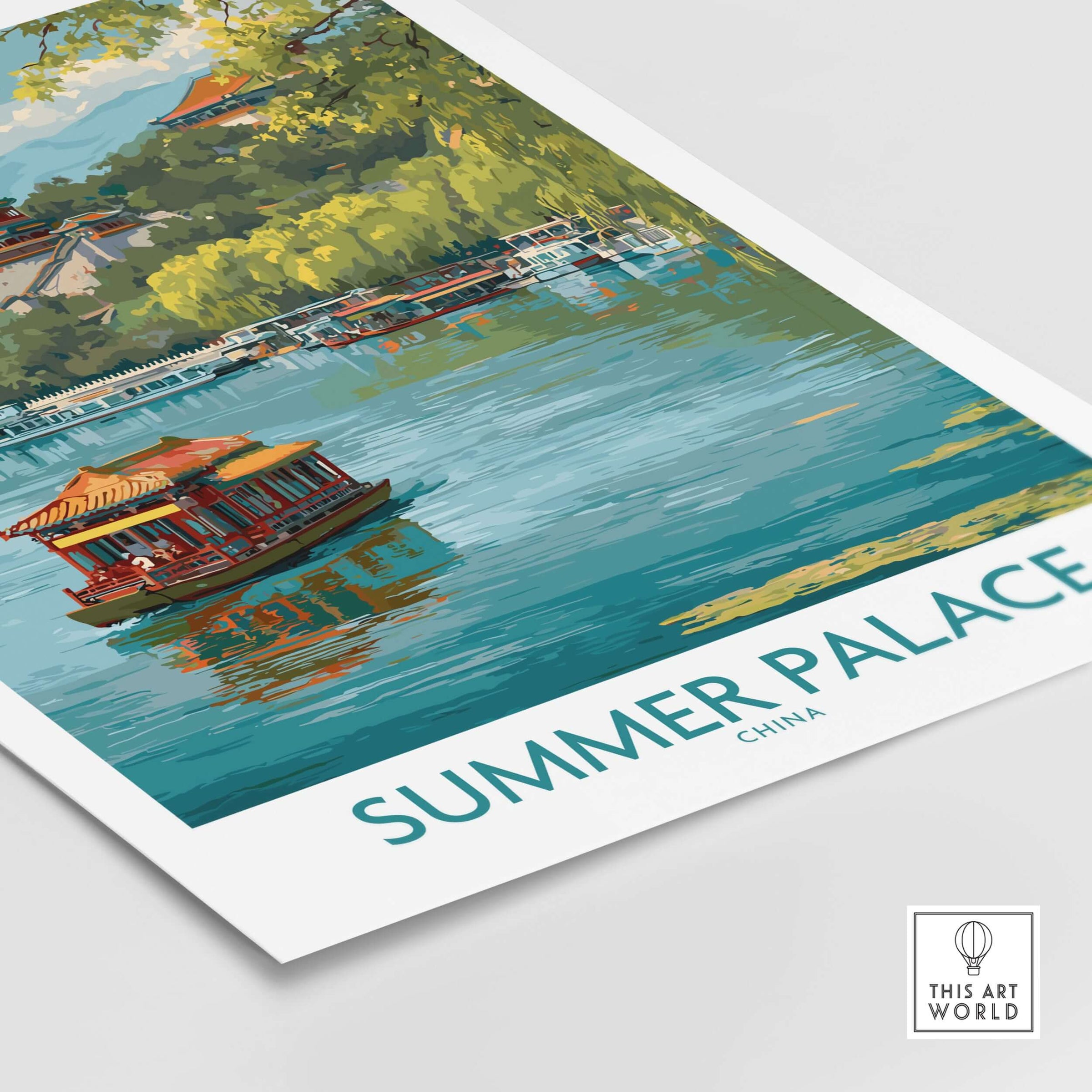 Summer Palace China Elegant Waterway Print - Ancient Chinese Architecture Wall Art featuring serene waters and elegant pavilions.