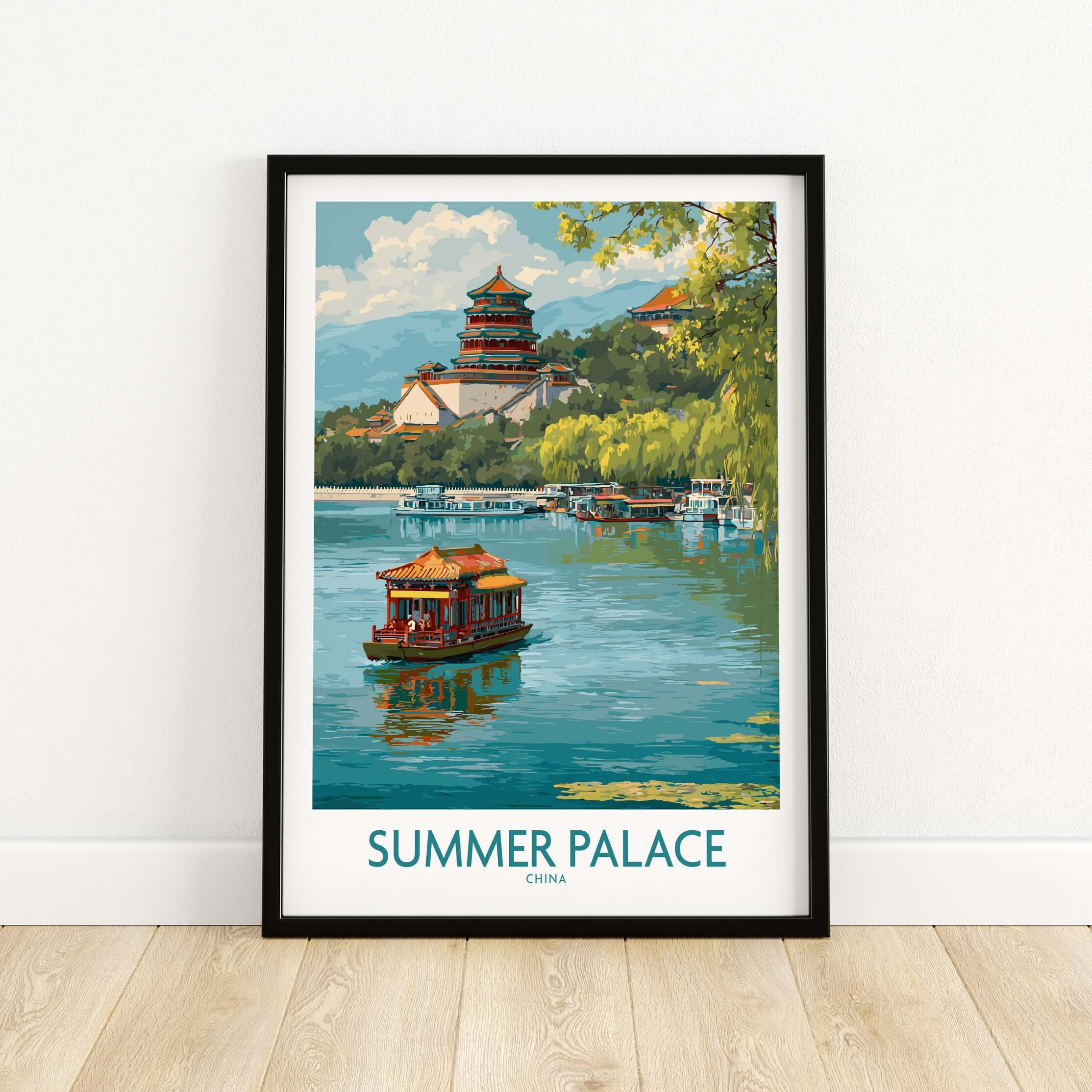 Summer Palace China Elegant Waterway Print - Ancient Chinese Architecture Wall Art featuring a scenic waterway view.