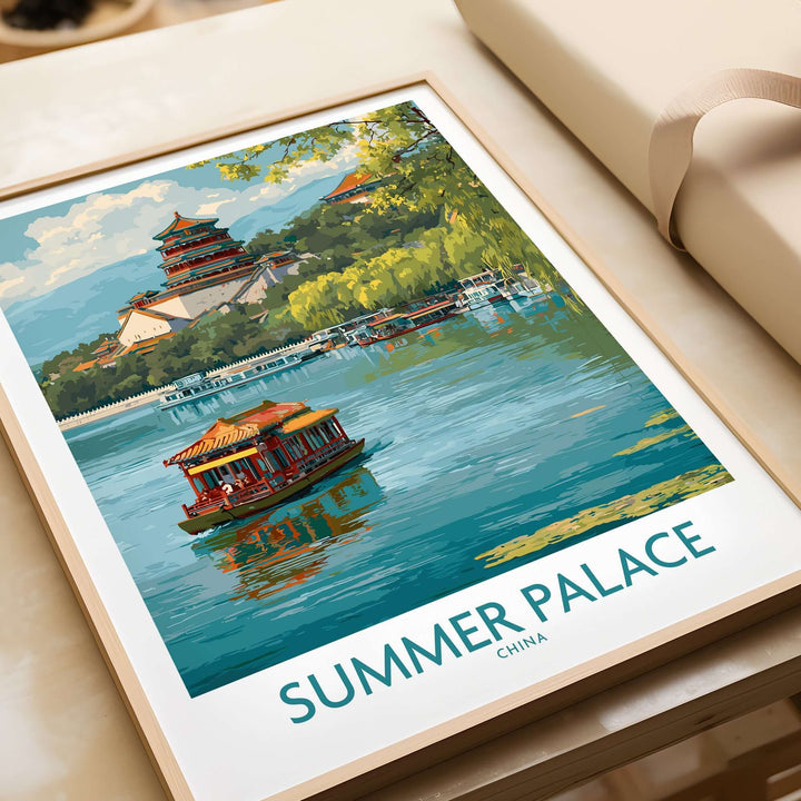 Summer Palace wall art featuring a tranquil waterway and traditional Chinese architecture in vibrant colors.