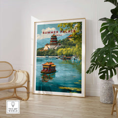 Summer Palace China Imperial Retreat Art - Beijing Palace Lake View Poster featuring a serene lake view and colorful pavilion.