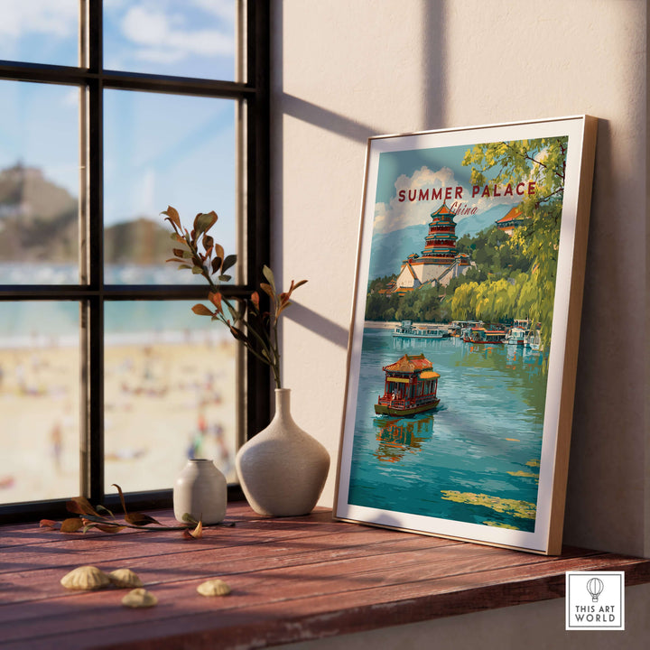 Summer Palace art poster displayed on a wooden table with a lake view in Beijing, capturing serene architectural beauty.