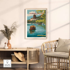 Summer Palace China Imperial Retreat Art - Beijing Palace Lake View Poster in decor setting with a rattan chair.