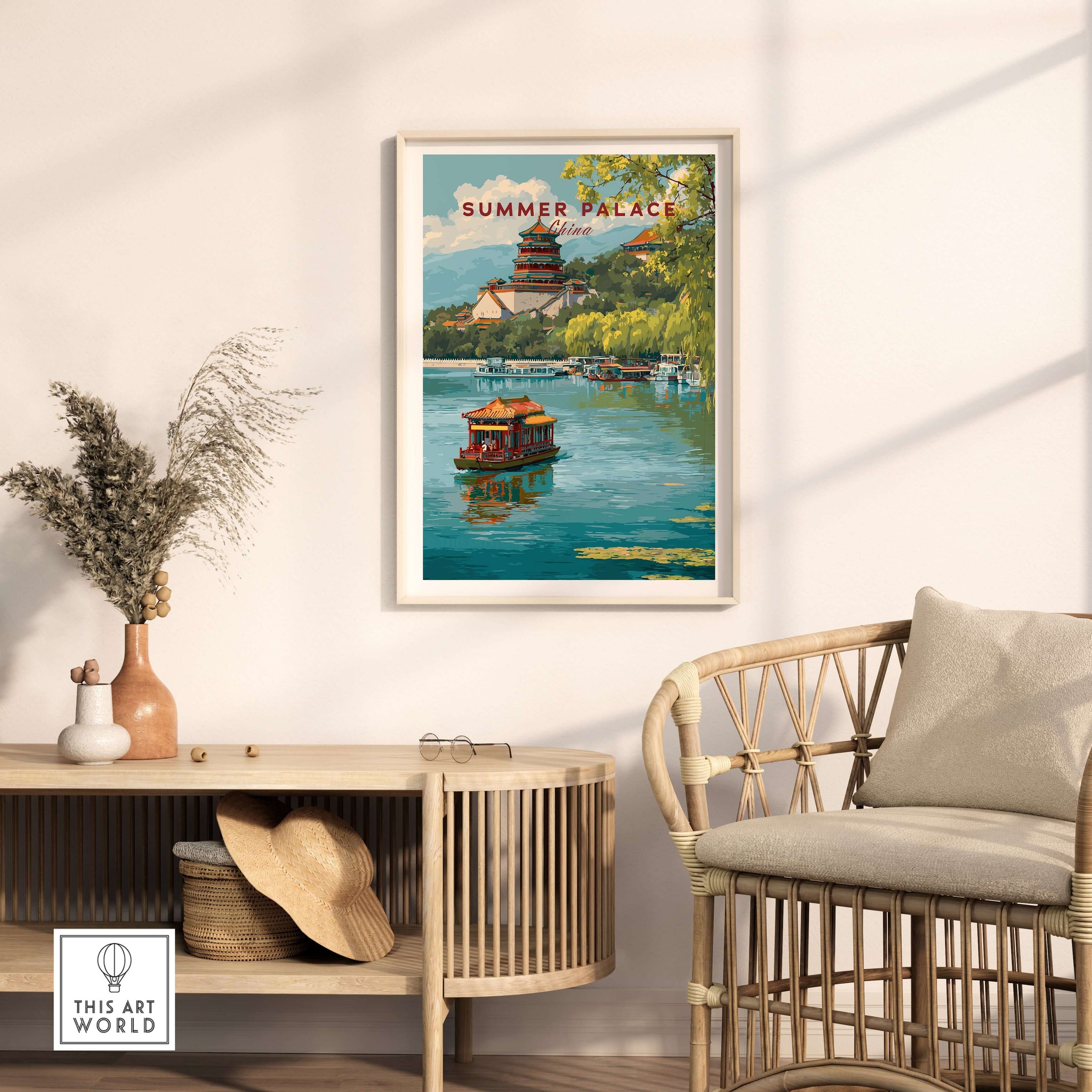Summer Palace China Imperial Retreat Art - Beijing Palace Lake View Poster in decor setting with a rattan chair.