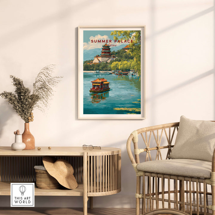 Summer Palace Beijing art poster featuring serene lake view and traditional architecture, perfect for home decor.