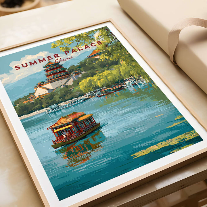 Summer Palace poster depicting Beijing's lake view with ornate pavilions and traditional boats, ideal for home decor.