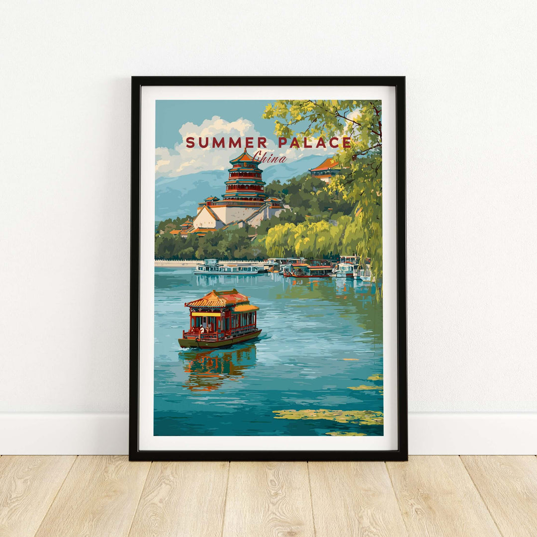 Summer Palace art poster featuring serene lake view and ornate architecture in Beijing, China.
