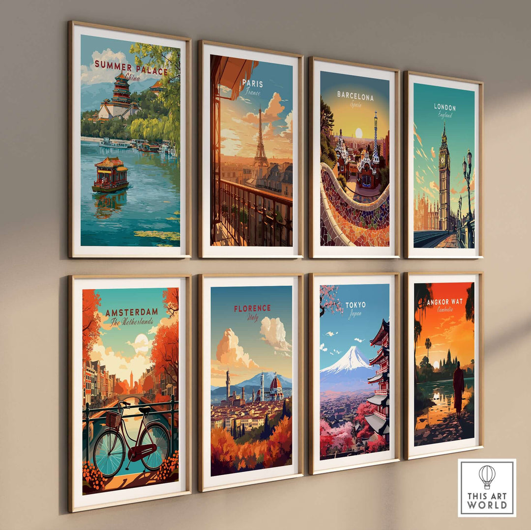 Gallery of travel posters featuring Summer Palace, Paris, Barcelona, London, Amsterdam, Florence, Tokyo, and Angkor Wat.