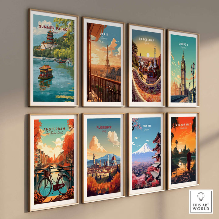 Gallery of travel posters featuring Summer Palace, Paris, Barcelona, London, Amsterdam, Florence, Tokyo, and Angkor Wat.