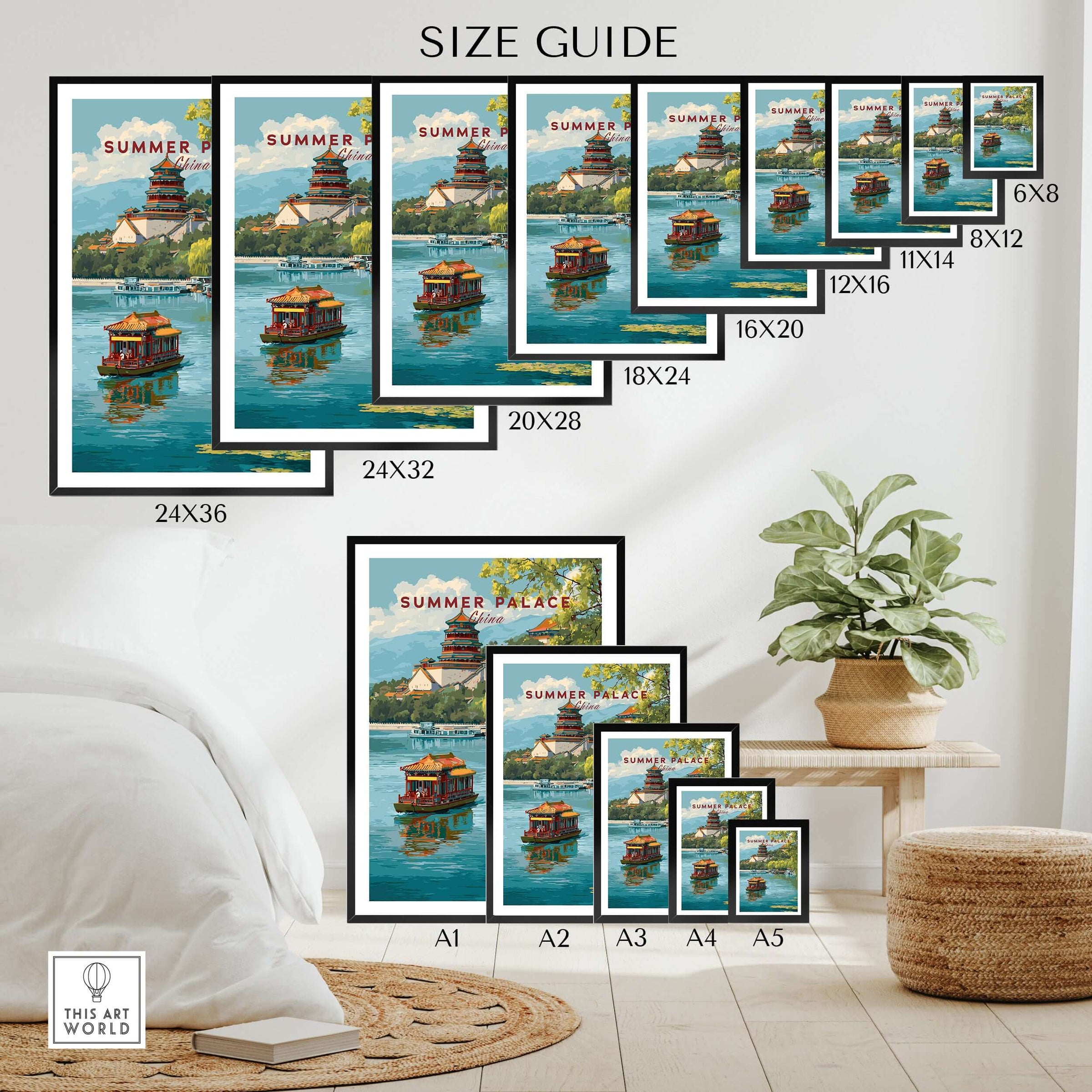 Summer Palace China Imperial Retreat Art - Beijing Palace Lake View Poster size guide showcasing various frame options.
