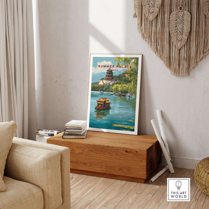 Summer Palace China poster showcasing a serene lake view and traditional architecture in a cozy interior setting.