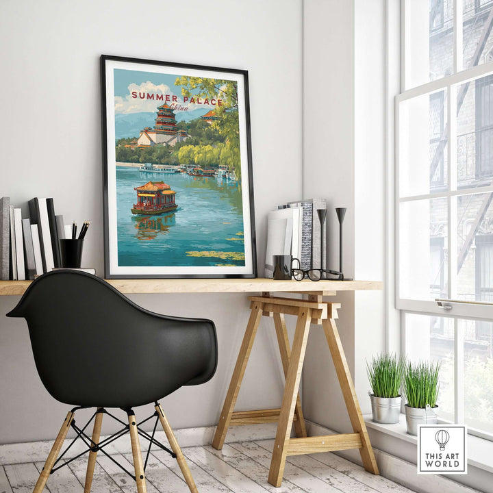 Summer Palace China poster in modern workspace showcasing serene lake view and royal architecture.