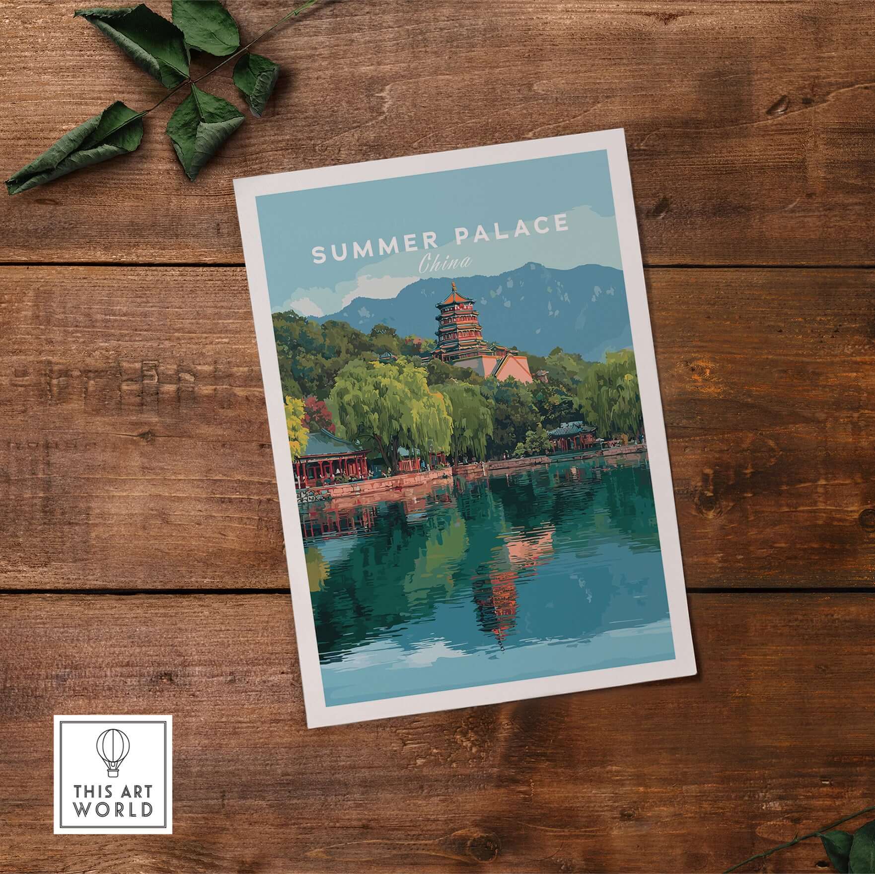 Summer Palace China Lake View Poster - Beijing Imperial Garden Wall Art displayed on a wooden surface.