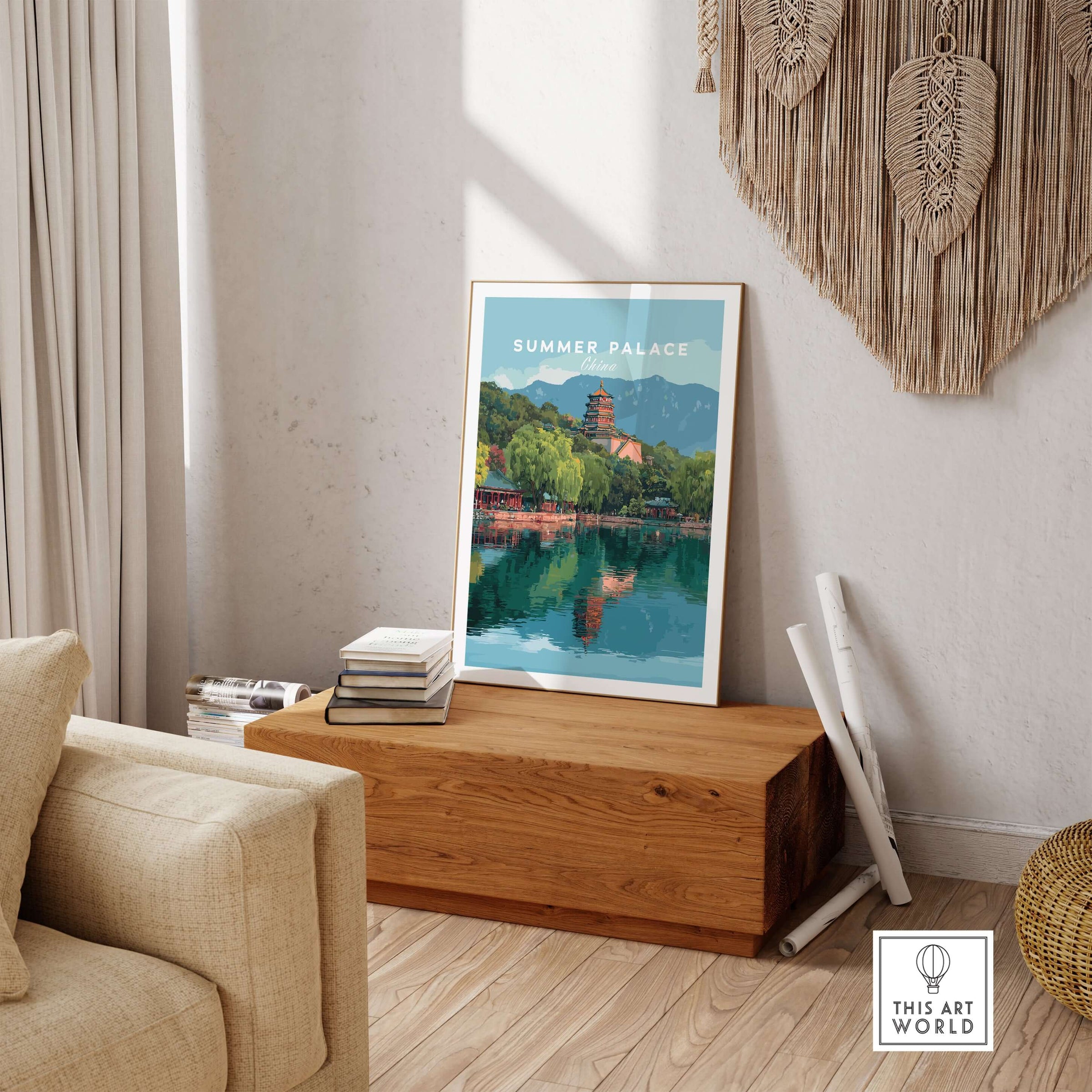 Summer Palace China Lake View Poster - Beijing Imperial Garden Wall Art displayed in a cozy living room setting.
