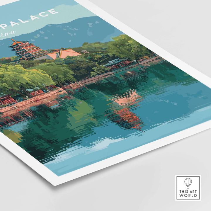Summer Palace China lake view poster featuring serene reflections and lush greenery, ideal for wall art decor.