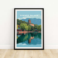 Summer Palace China Lake View Poster - Beijing Imperial Garden Wall Art with serene reflection and green surroundings.