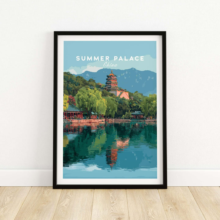 Summer Palace China Lake View poster showcasing tranquil waters and ornate architecture of Beijing's imperial gardens.
