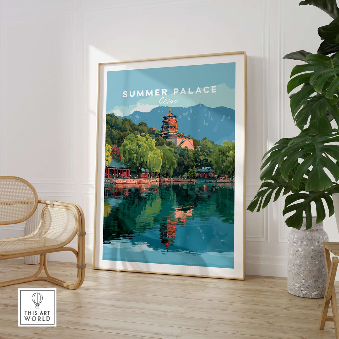 Summer Palace China lake view wall art poster featuring serene reflections and vibrant colors, perfect for home decor.
