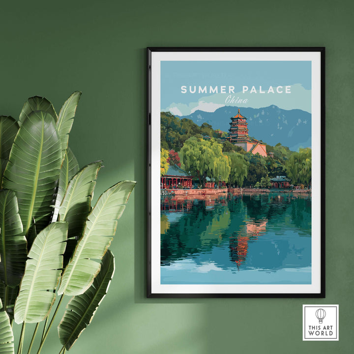 Summer Palace China lake view poster showcasing serene Beijing gardens and tranquil waters reflected on a green wall.