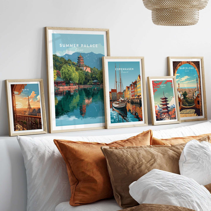 Summer Palace China Lake View poster and other travel wall art displayed in a cozy living room setting.