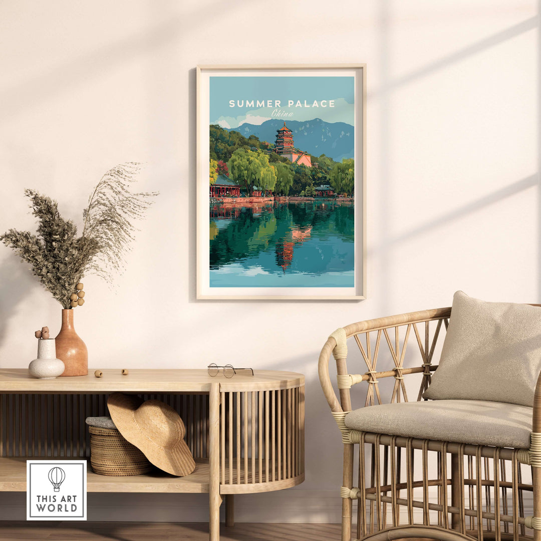 Summer Palace China Lake View poster showcasing serene waters and lush gardens in an elegant interior setting.