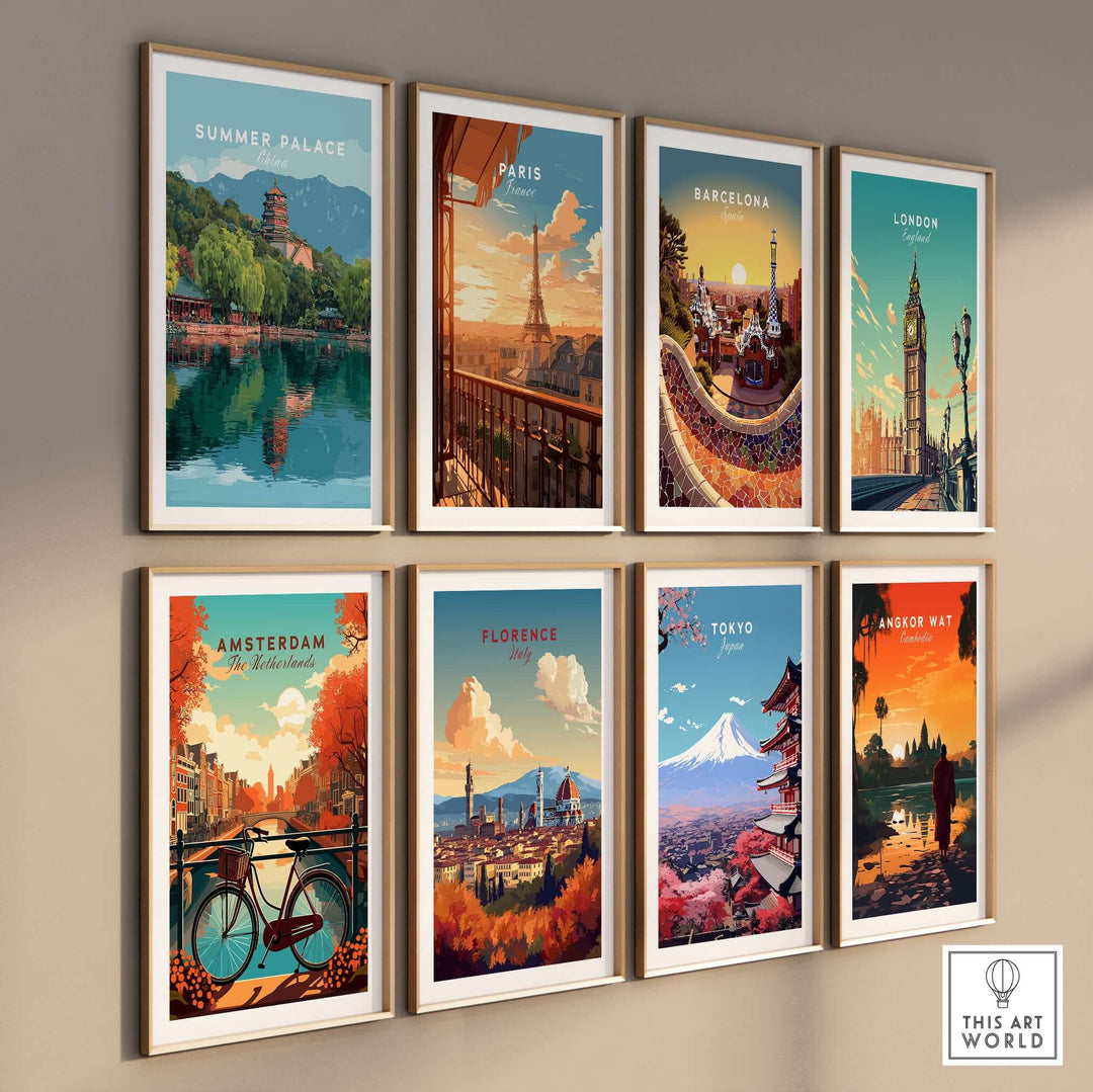 Collection of vibrant city posters including Summer Palace, Paris, Barcelona, London, Amsterdam, Florence, Tokyo, and Angkor Wat.