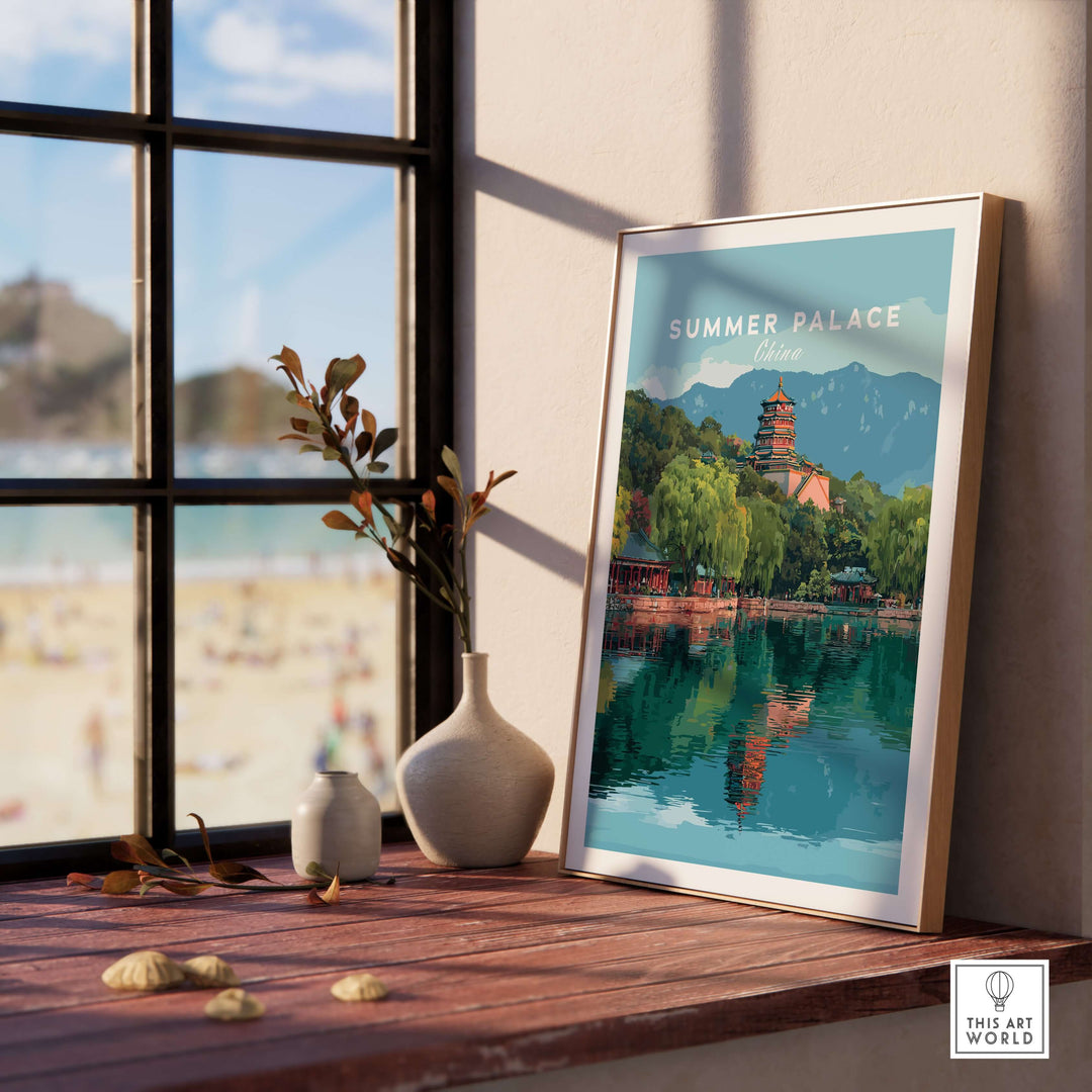 Summer Palace Lake View Poster showcasing Beijing's gardens and tranquil waters, displayed in a sunlit room.