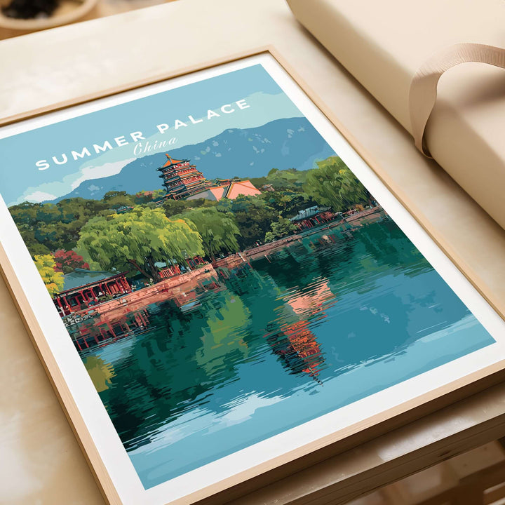 Summer Palace China Lake View poster featuring vibrant colors and reflections in the tranquil waters of an imperial garden
