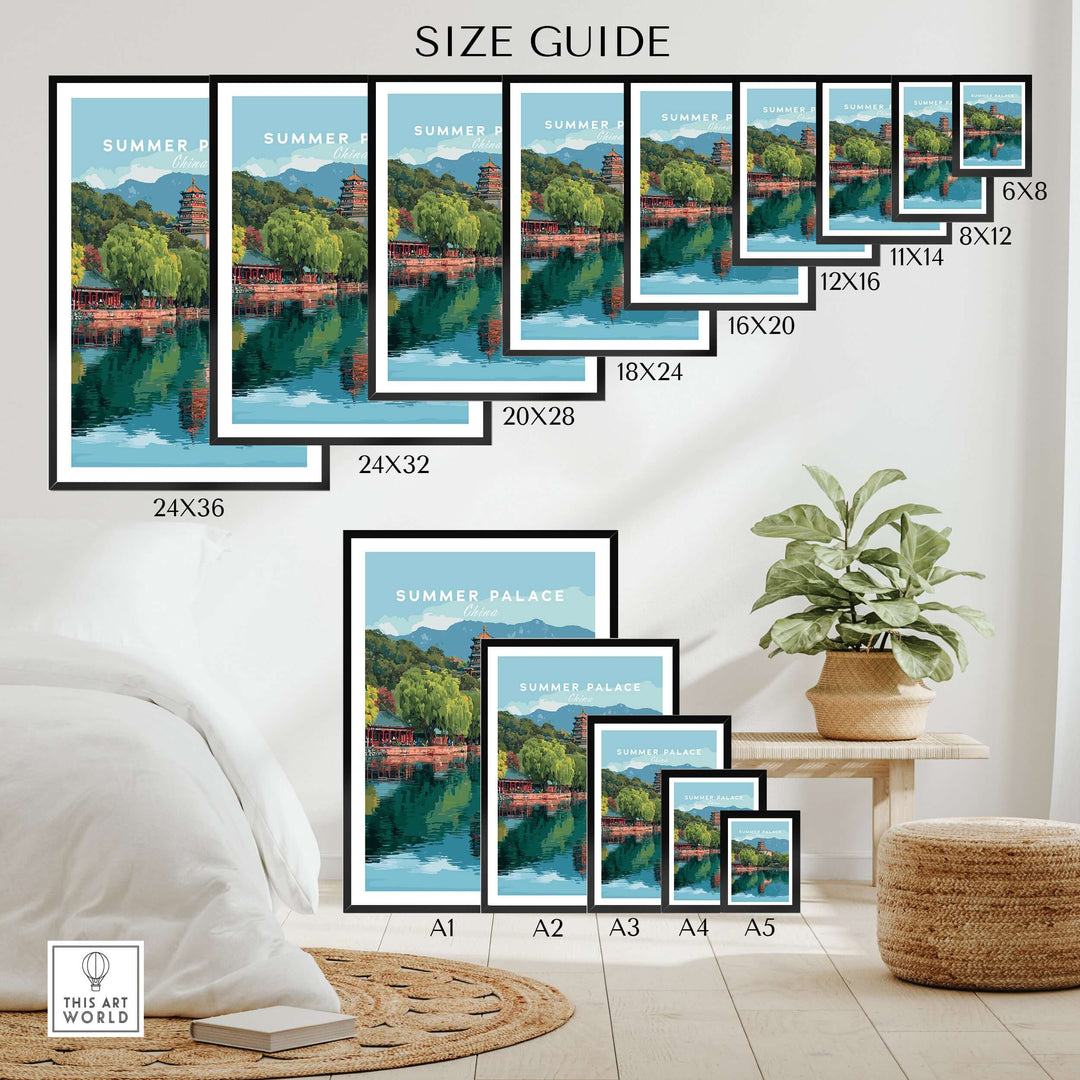 Size guide for Summer Palace China Lake View posters in various dimensions, showcasing tranquil Beijing garden art.