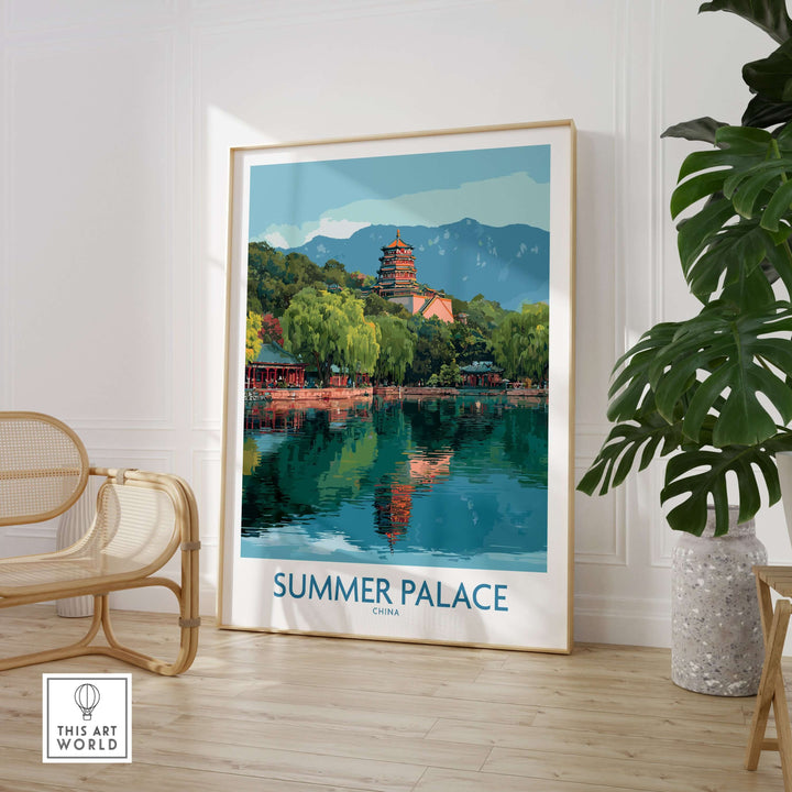 Summer Palace Beijing pagoda print reflecting on water, serene travel decor for historic home design.