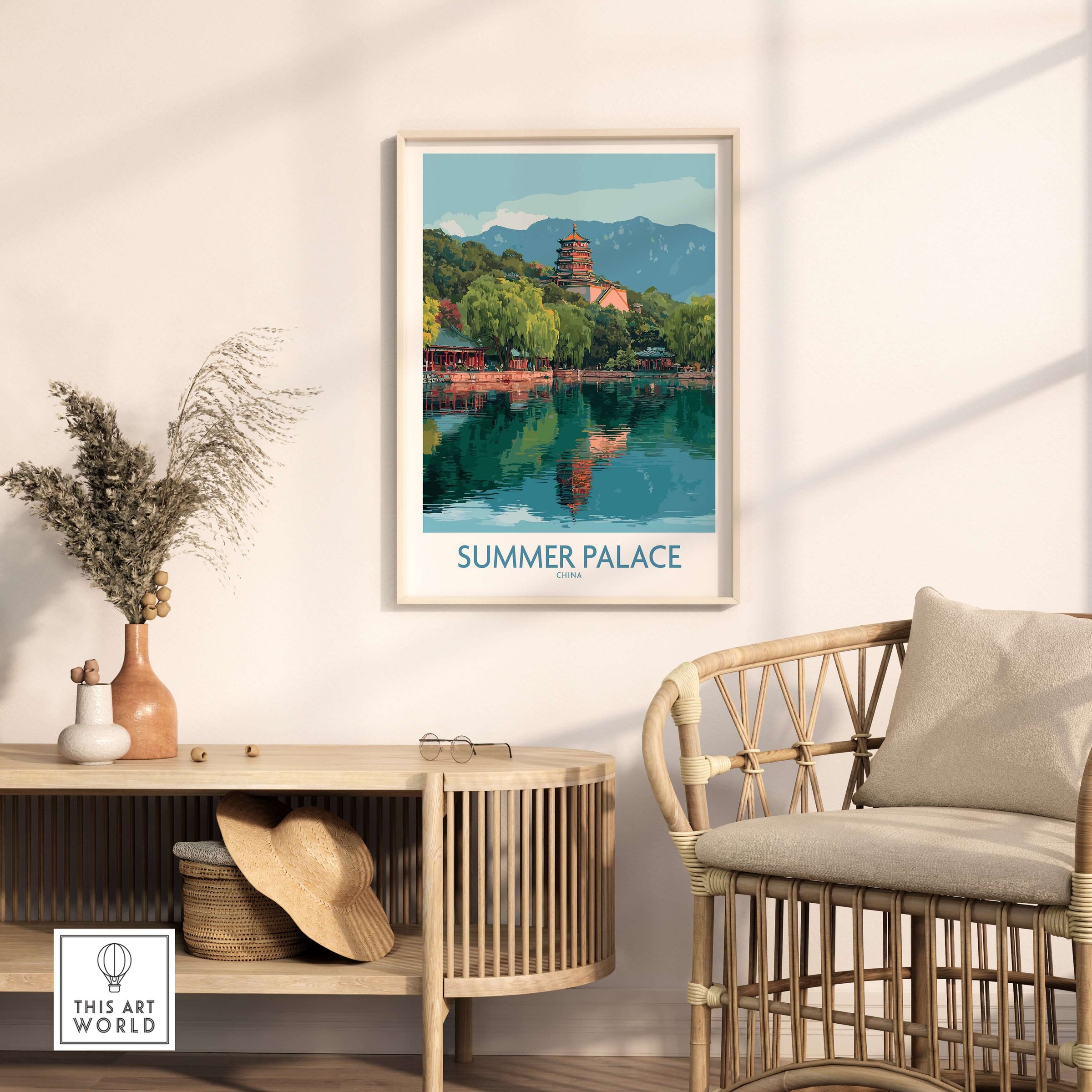 Summer Palace China Pagoda & Reflection Print - Historic Beijing Travel Decor displayed in a cozy living room setting.