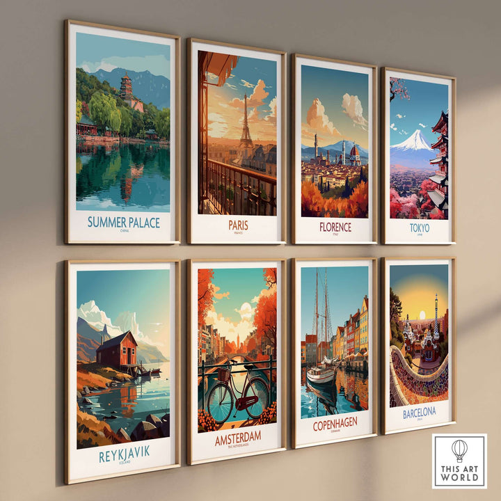 Gallery of travel prints featuring Summer Palace, Paris, Florence, Tokyo, Reykjavik, Amsterdam, Copenhagen, and Barcelona.