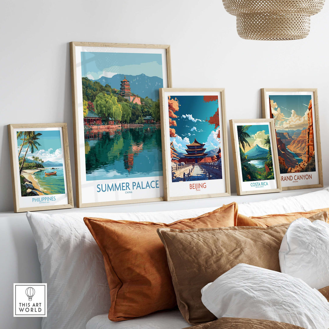 Framed prints of Summer Palace, Beijing, and other travel destinations on a cozy sofa display.