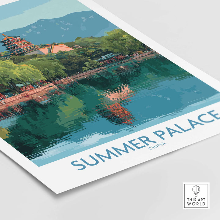 Summer Palace print showcasing a tranquil pagoda reflection in Beijing's imperial garden waters.