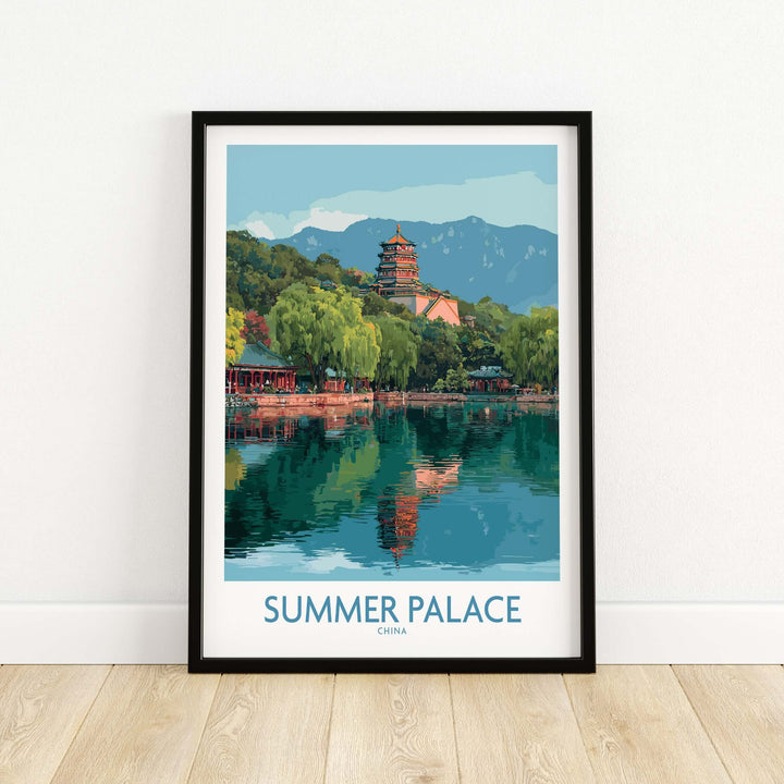 Summer Palace China pagoda and reflection print, showcasing tranquil Beijing garden scenery.