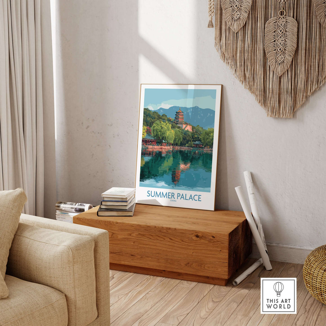 Summer Palace print featuring iconic pagoda and reflection in tranquil waters, perfect for Beijing travel decor.