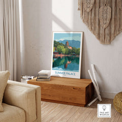 Summer Palace China Pagoda & Reflection Print - Historic Beijing Travel Decor displayed in a cozy interior setting.