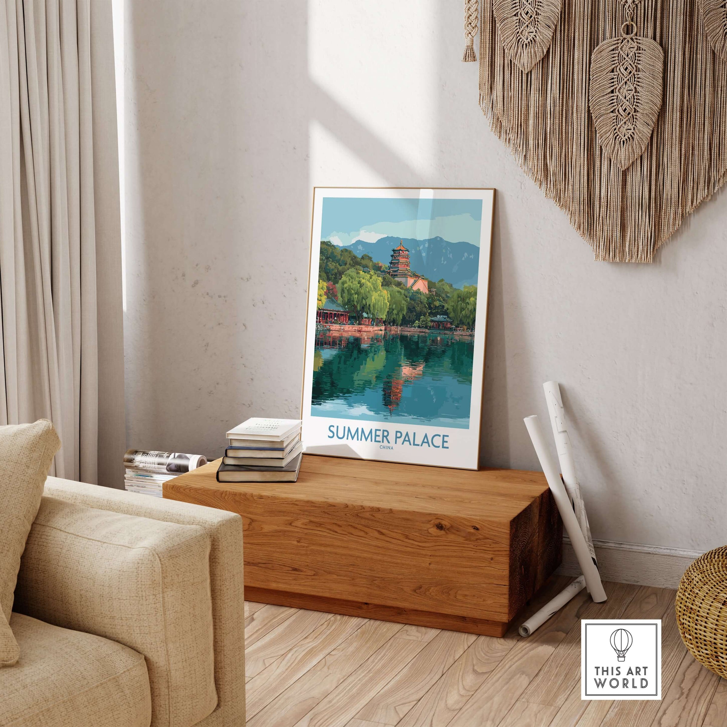 Summer Palace China Pagoda & Reflection Print - Historic Beijing Travel Decor displayed in a cozy interior setting.