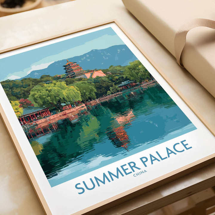 Summer Palace print featuring pagoda reflection in tranquil waters, vibrant colors, ideal for Beijing travel decor.