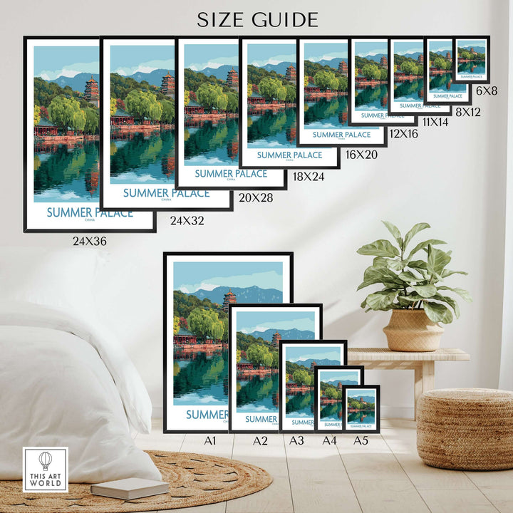 Size guide for Summer Palace China pagoda print with various frame dimensions, showcasing serene Beijing reflections.